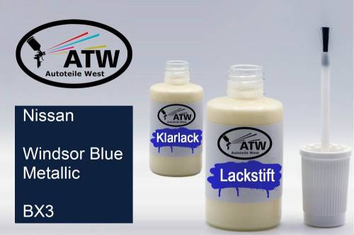 Nissan, Windsor Blue Metallic, BX3: 20ml Lackstift + 20ml Klarlack - Set, von ATW Autoteile West.